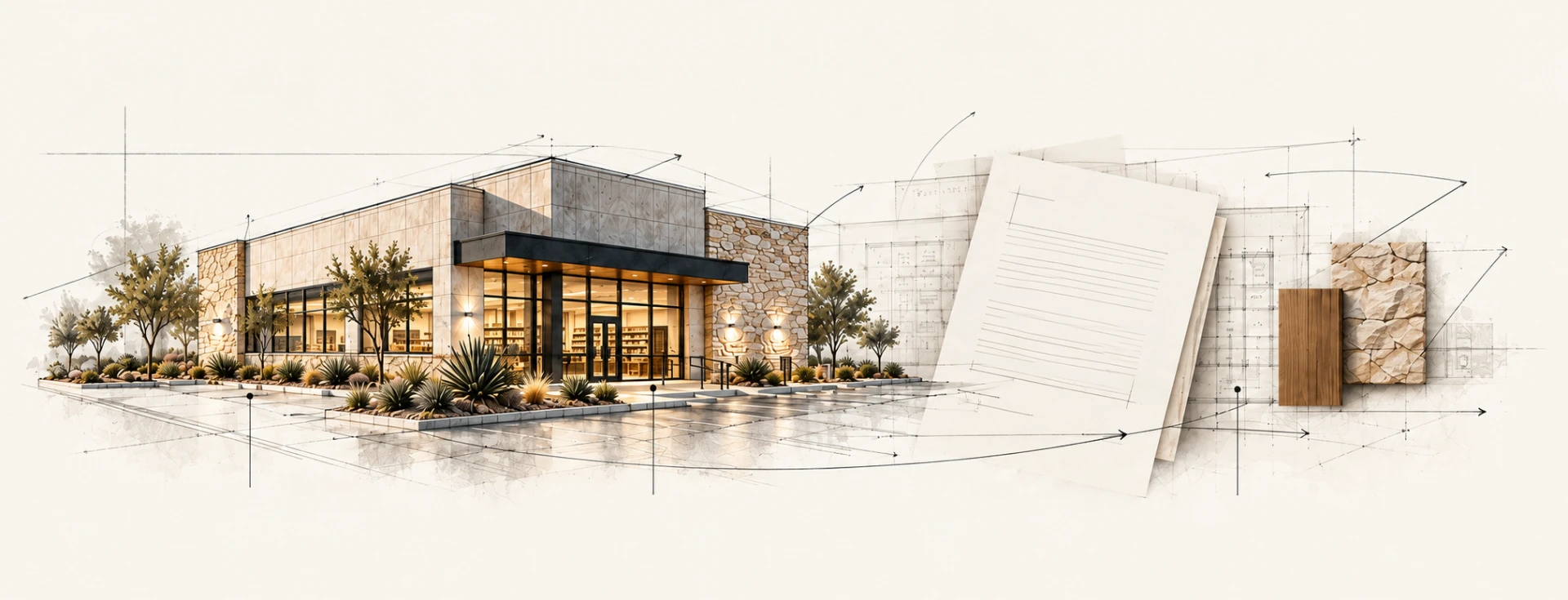Illustrative ivory architectural drawing of a commercial building beside lease papers and material samples